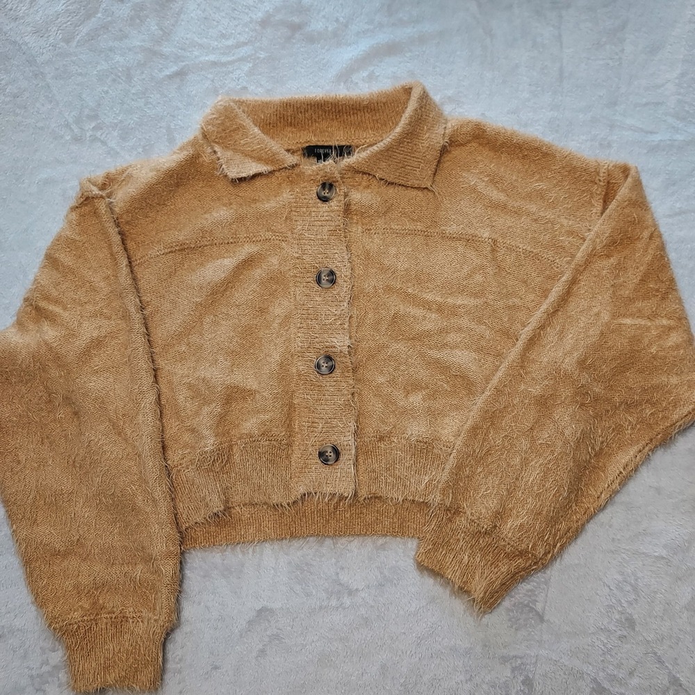 Y2K Tan Fuzzy Eyelash Knit Cropped Cardigan Sweater Coquette Soft Grunge